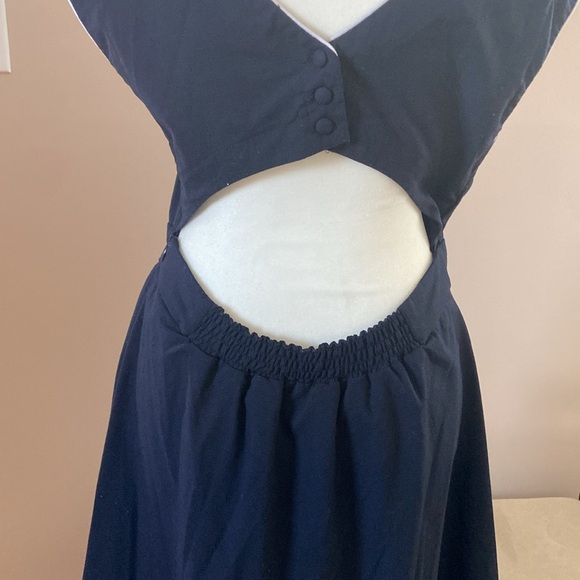 Claudie Pierlot- Vintage-Inspired Navy Fit & Flare Dress with Button Shoulder - Picture 6 of 8